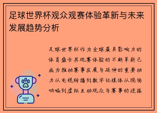 足球世界杯观众观赛体验革新与未来发展趋势分析