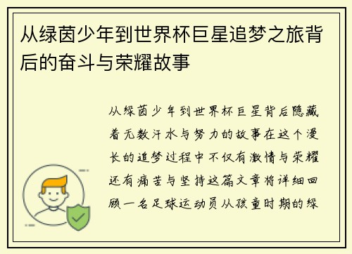 从绿茵少年到世界杯巨星追梦之旅背后的奋斗与荣耀故事