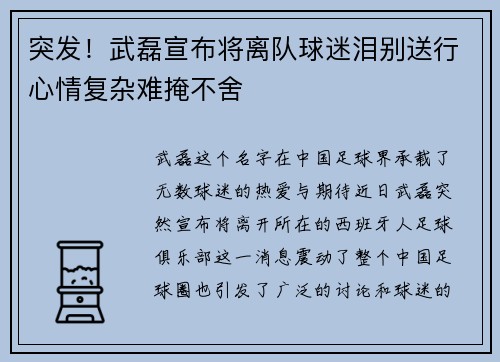 突发!武磊宣布将离队球迷泪别送行心情复杂难掩不舍 突发!武磊宣布将离队球迷泪别送行心情复杂难掩不舍
