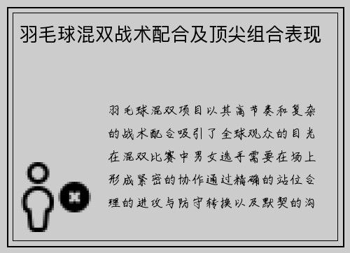 羽毛球混双战术配合及顶尖组合表现